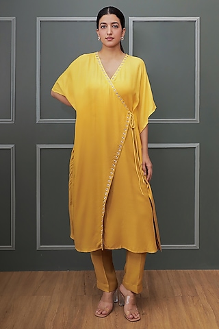 Yellow Ombre Linen Crepe Dori Embroidered Kurta Set by Soniya G