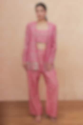 Pink Brocade Printed & Mirror Hand Embroidered Blazer Set by Soniya G at Pernia's Pop Up Shop
