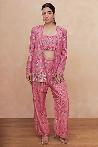 Pink Brocade Printed & Mirror Hand Embroidered Blazer Set by Soniya G