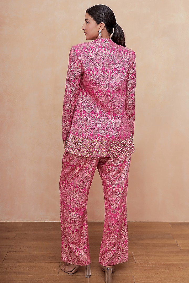 Pink Brocade Printed & Mirror Hand Embroidered Blazer Set by Soniya G at Pernia's Pop Up Shop
