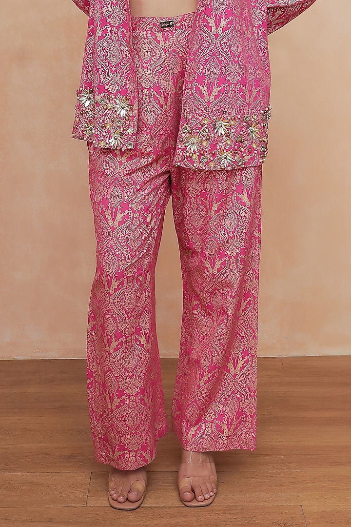 Pink Brocade Printed & Mirror Hand Embroidered Blazer Set by Soniya G at Pernia's Pop Up Shop
