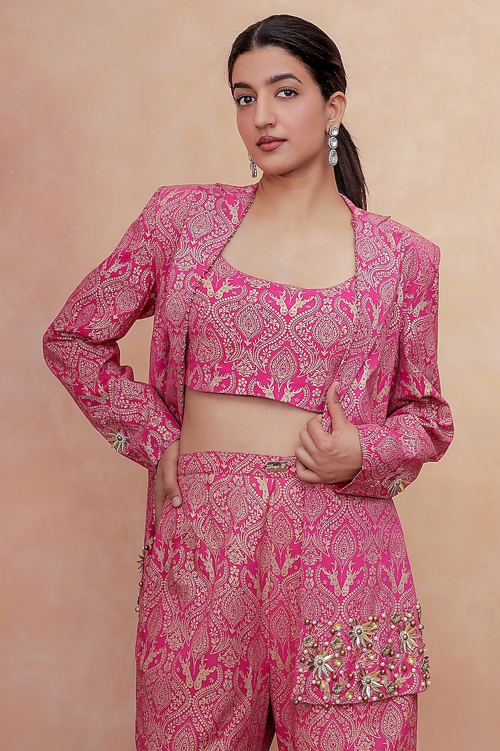 Pink Brocade Printed & Mirror Hand Embroidered Blazer Set by Soniya G at Pernia's Pop Up Shop