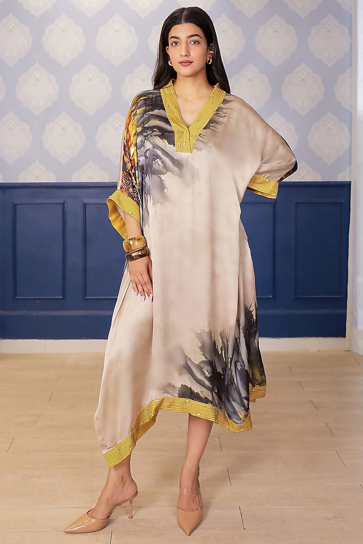 Beige Satin Printed Asymmetric Vacation Dress by Soniya G at Pernia's Pop Up Shop