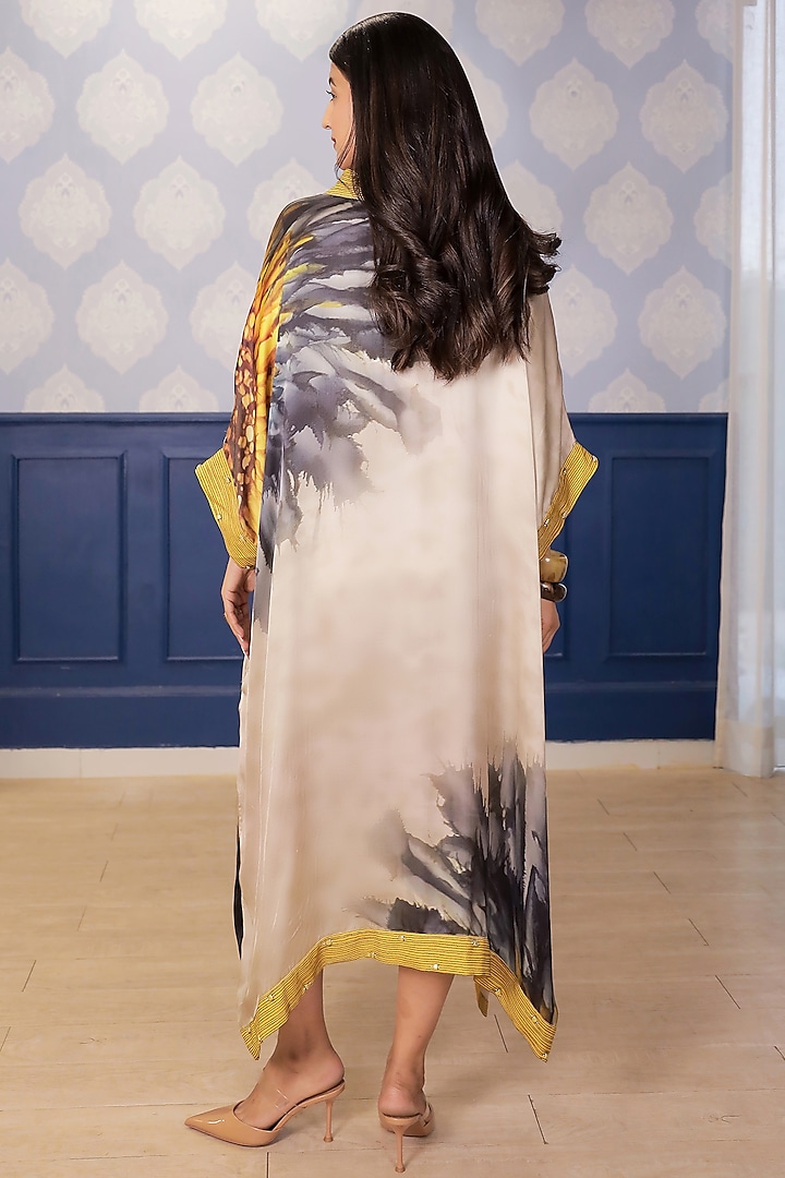 Beige Satin Printed Asymmetric Vacation Dress by Soniya G at Pernia's Pop Up Shop