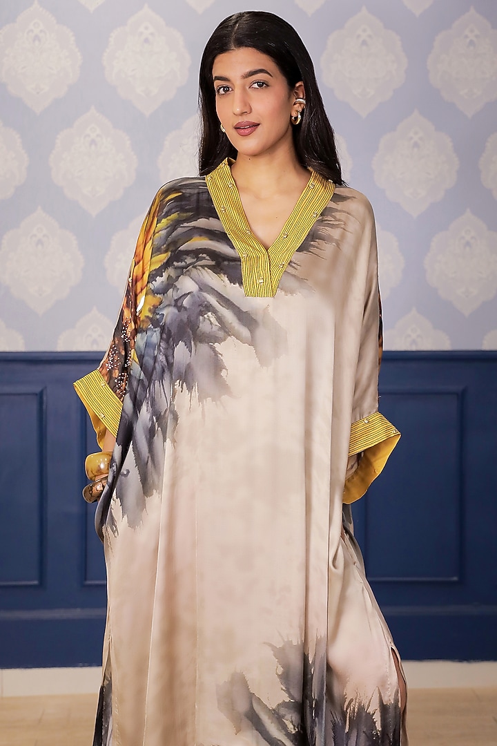 Beige Satin Printed Asymmetric Vacation Dress by Soniya G at Pernia's Pop Up Shop