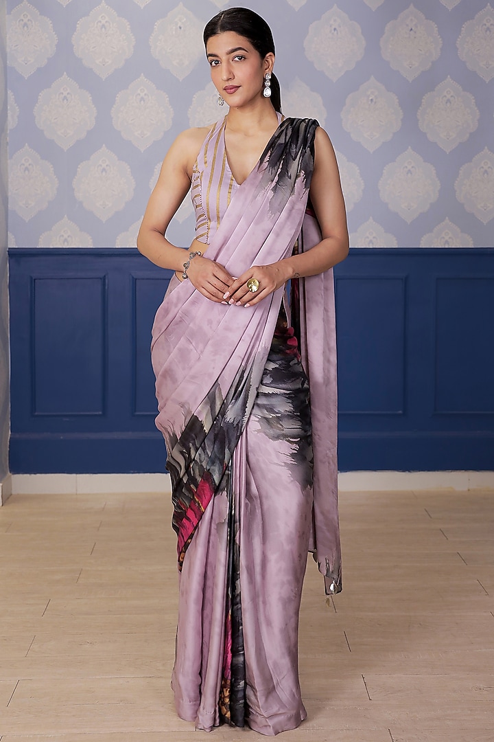 Lilac Satin Sunflower Printed Party Wear Saree Set by Soniya G at Pernia's Pop Up Shop
