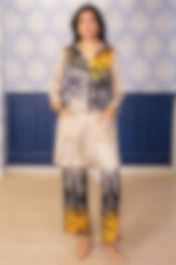 Beige Satin Sunflower Printed Co-Ord Set by Soniya G at Pernia's Pop Up Shop