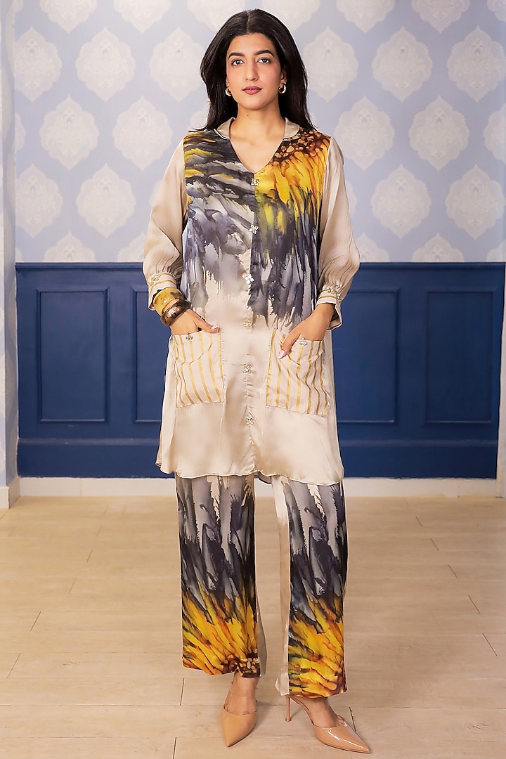 Beige Satin Sunflower Printed Co-Ord Set by Soniya G at Pernia's Pop Up Shop