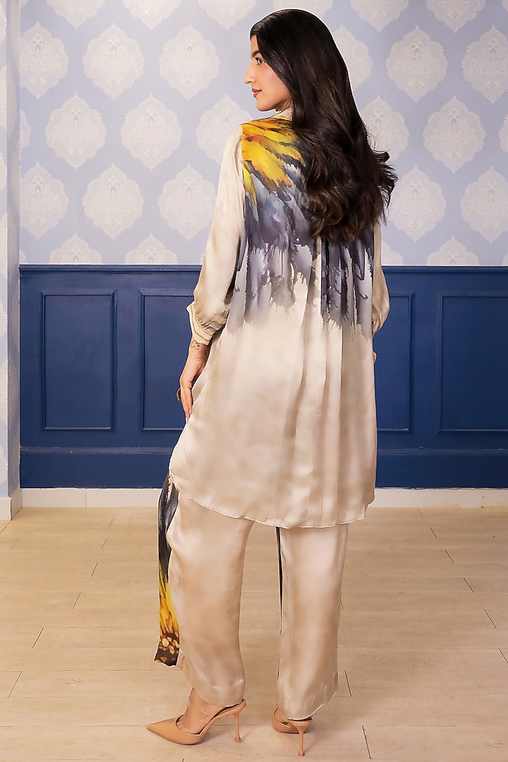 Beige Satin Sunflower Printed Co-Ord Set by Soniya G at Pernia's Pop Up Shop