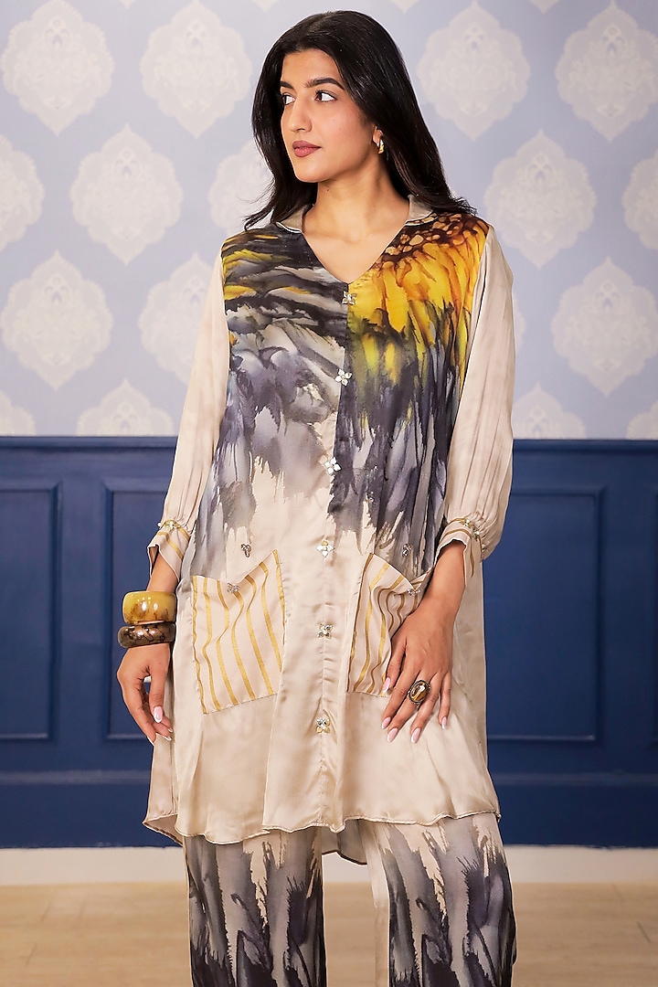 Beige Satin Sunflower Printed Co-Ord Set by Soniya G at Pernia's Pop Up Shop