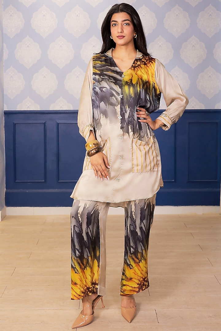 Beige Satin Sunflower Printed Co-Ord Set by Soniya G at Pernia's Pop Up Shop