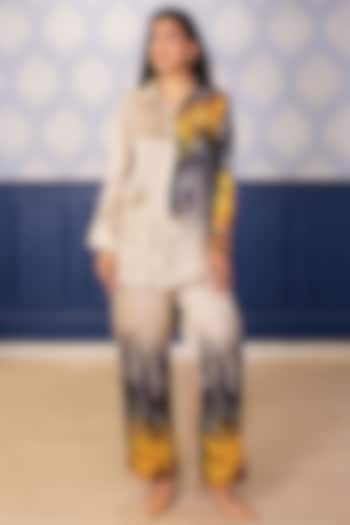 Beige Satin Sunflower Printed Co-Ord Set by Soniya G at Pernia's Pop Up Shop