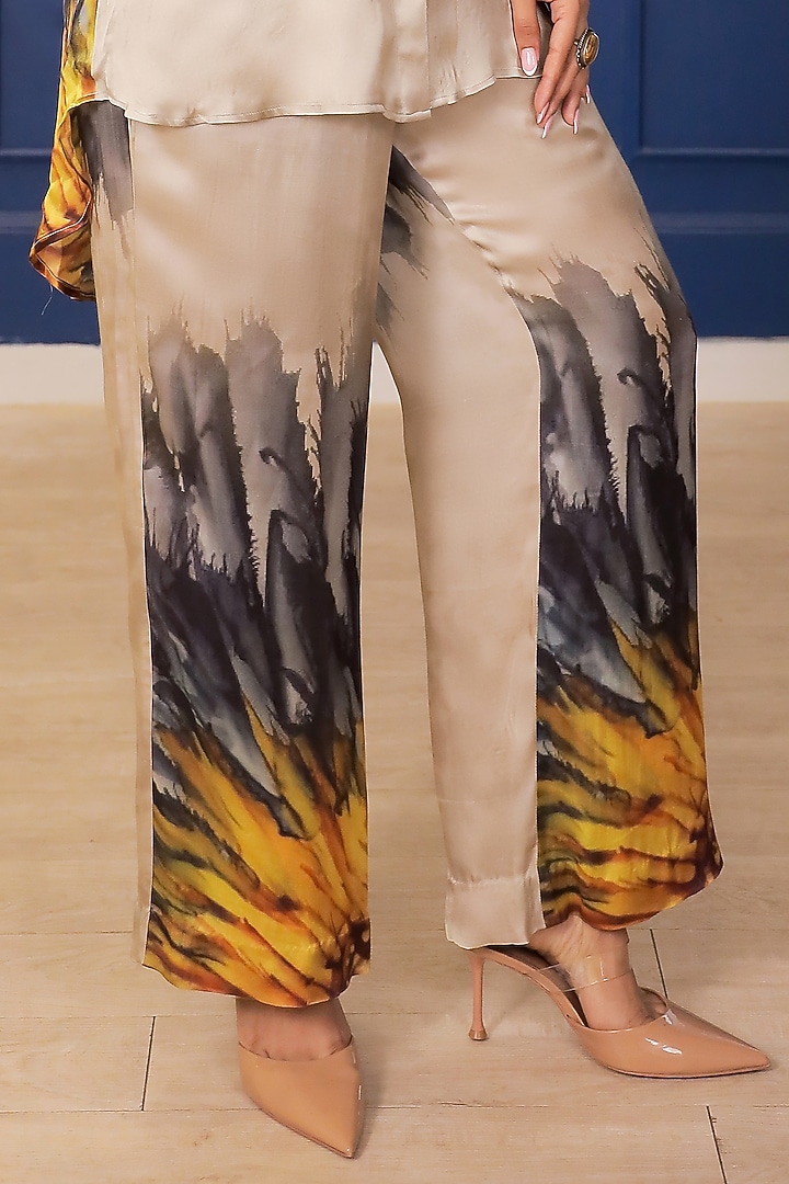 Beige Satin Sunflower Printed Co-Ord Set by Soniya G at Pernia's Pop Up Shop