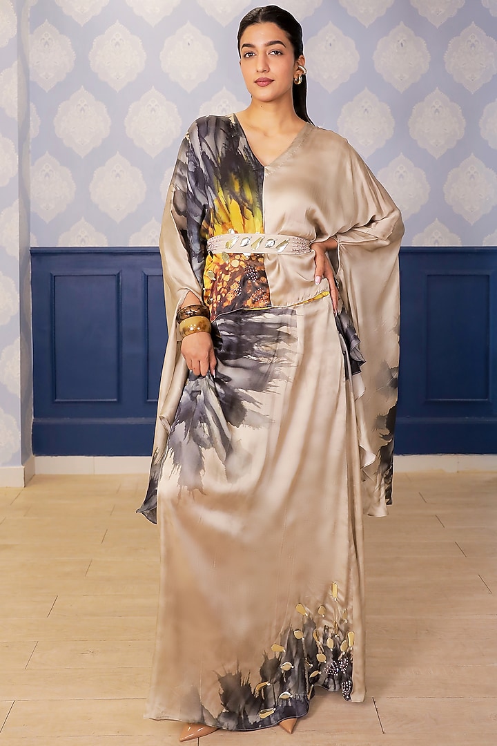Beige Satin Sunflower Printed Skirt Set by Soniya G at Pernia's Pop Up Shop