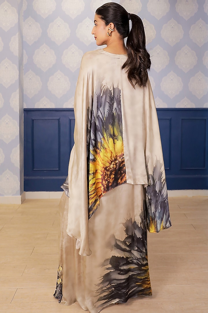 Beige Satin Sunflower Printed Skirt Set by Soniya G at Pernia's Pop Up Shop