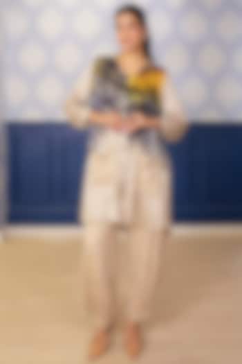 Beige Satin Sunflower Printed Kurta Set by Soniya G at Pernia's Pop Up Shop