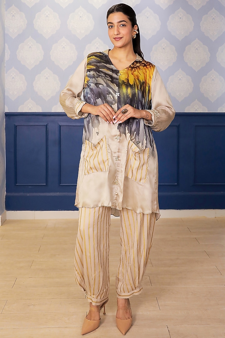 Beige Satin Sunflower Printed Kurta Set by Soniya G at Pernia's Pop Up Shop