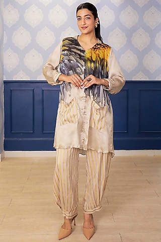 Beige Satin Sunflower Printed Kurta Set by Soniya G