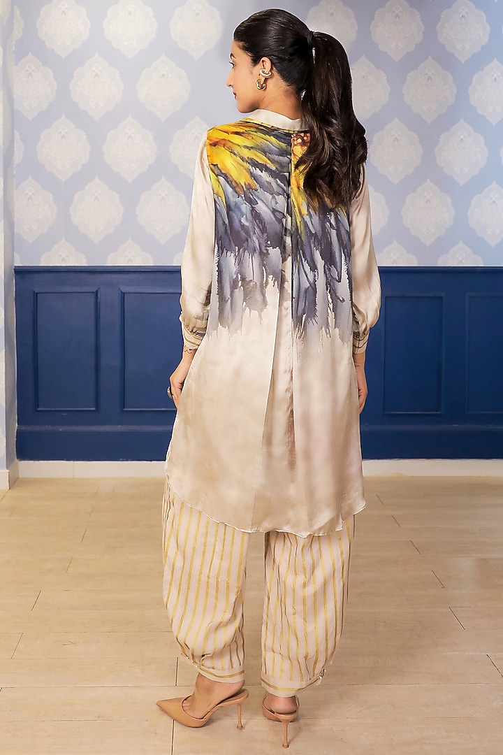 Beige Satin Sunflower Printed Kurta Set by Soniya G at Pernia's Pop Up Shop