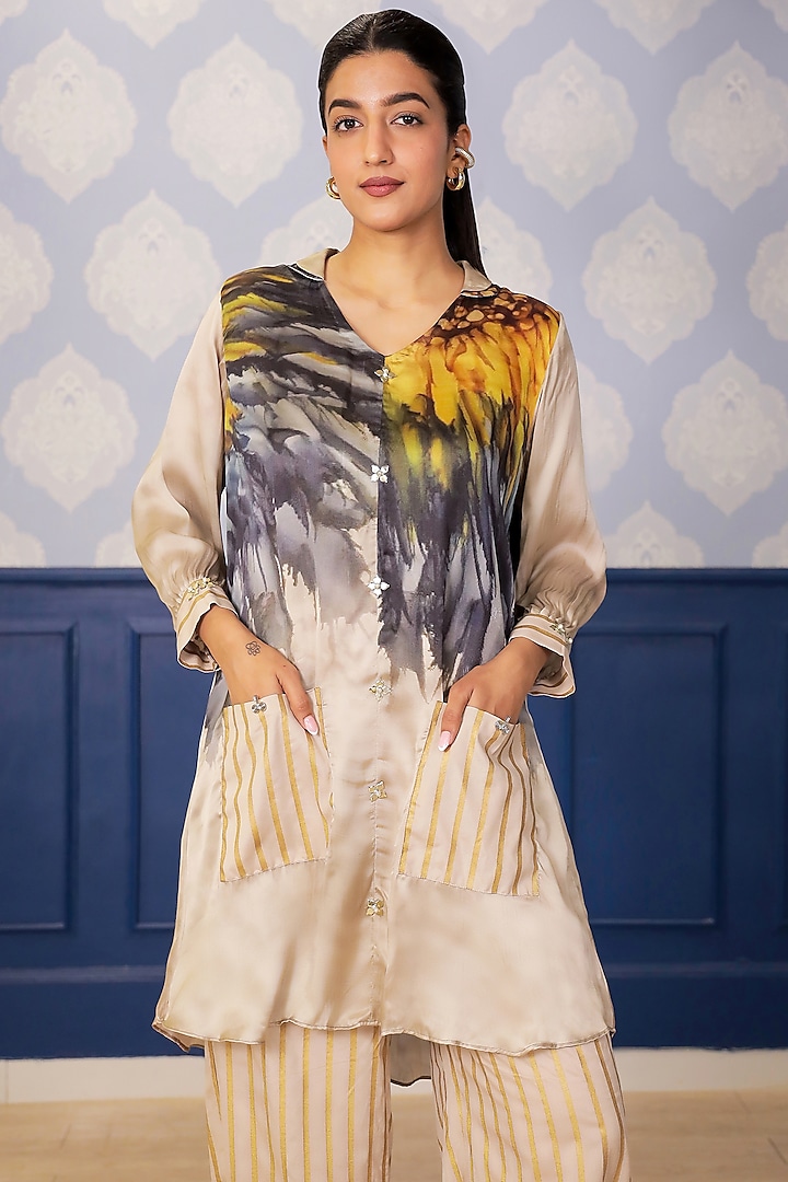 Beige Satin Sunflower Printed Kurta Set by Soniya G at Pernia's Pop Up Shop