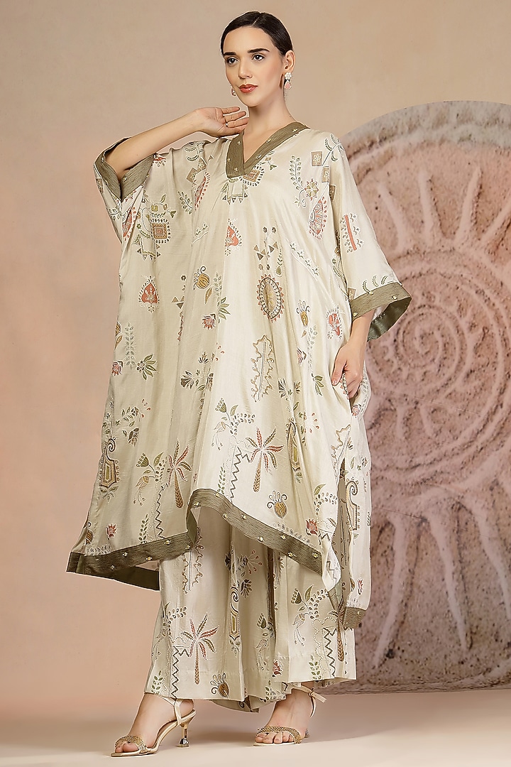 Grey Soft Slub Cotton Patchwork Kaftan Set by Soniya G at Pernia's Pop Up Shop