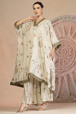 Grey Soft Slub Cotton Patchwork Kaftan Set by Soniya G