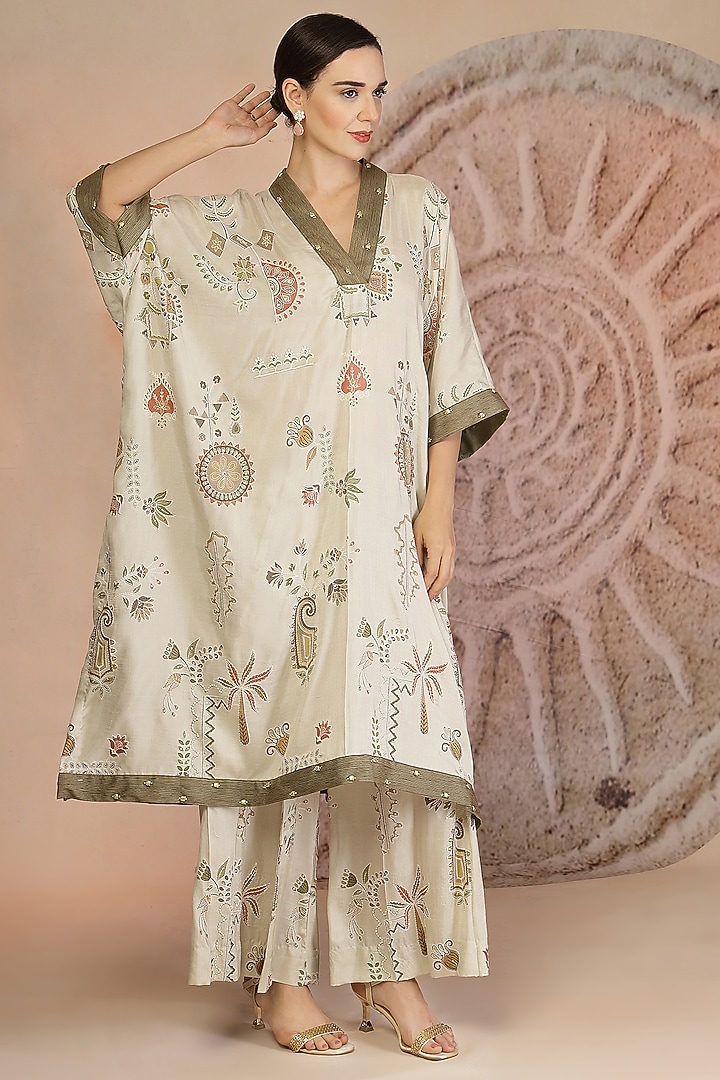 Grey Soft Slub Cotton Patchwork Kaftan Set by Soniya G at Pernia's Pop Up Shop