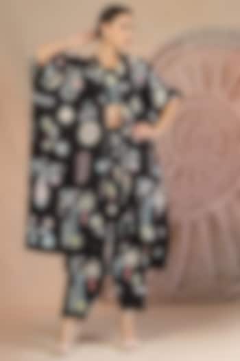 Black Soft Slub Cotton Beadwork Jacket Set by Soniya G at Pernia's Pop Up Shop