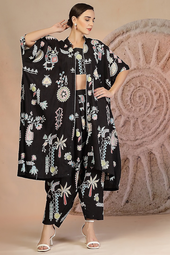 Black Soft Slub Cotton Beadwork Jacket Set by Soniya G at Pernia's Pop Up Shop