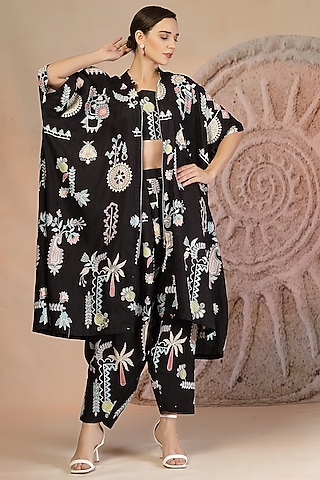 Black Soft Slub Cotton Beadwork Jacket Set by Soniya G