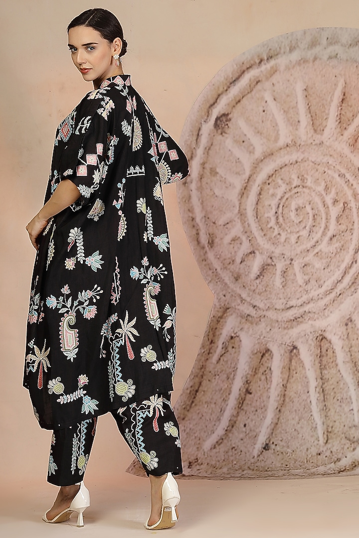 Black Soft Slub Cotton Beadwork Jacket Set by Soniya G at Pernia's Pop Up Shop