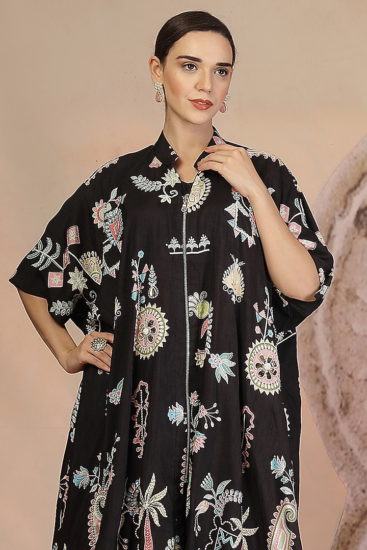 Black Soft Slub Cotton Beadwork Jacket Set by Soniya G at Pernia's Pop Up Shop
