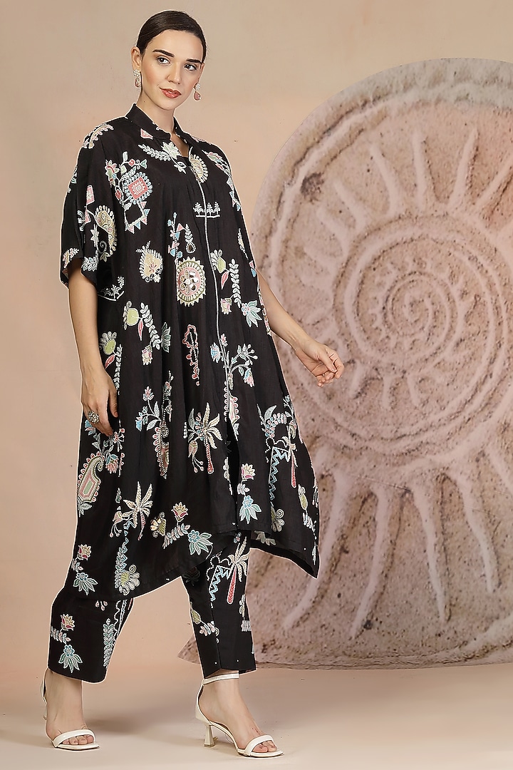 Black Soft Slub Cotton Beadwork Jacket Set by Soniya G at Pernia's Pop Up Shop