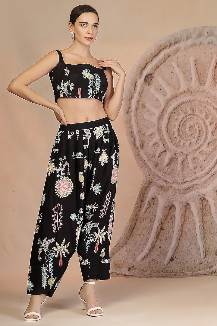 Black Soft Slub Cotton Beadwork Jacket Set by Soniya G at Pernia's Pop Up Shop