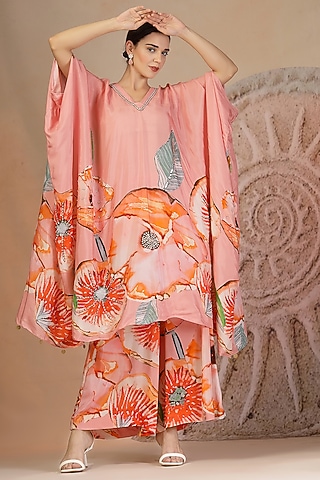 Pastel Pink Muslin Silk Patchwork Kaftan Set by Soniya G