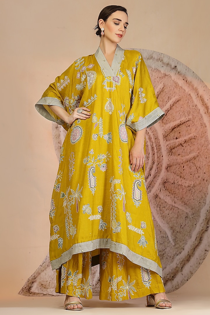 Mustard Yellow Soft Slub Cotton Patchwork Kaftan Set by Soniya G at Pernia's Pop Up Shop