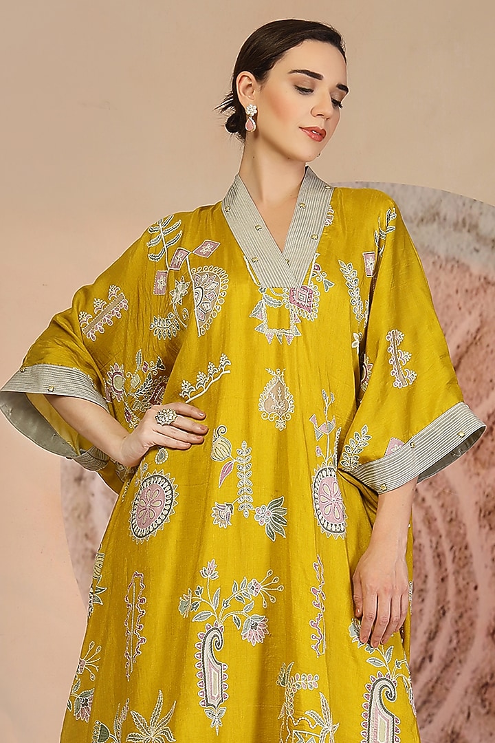 Mustard Yellow Soft Slub Cotton Patchwork Kaftan Set by Soniya G at Pernia's Pop Up Shop