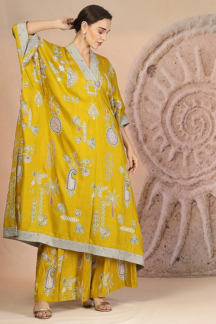 Mustard Yellow Soft Slub Cotton Patchwork Kaftan Set by Soniya G at Pernia's Pop Up Shop