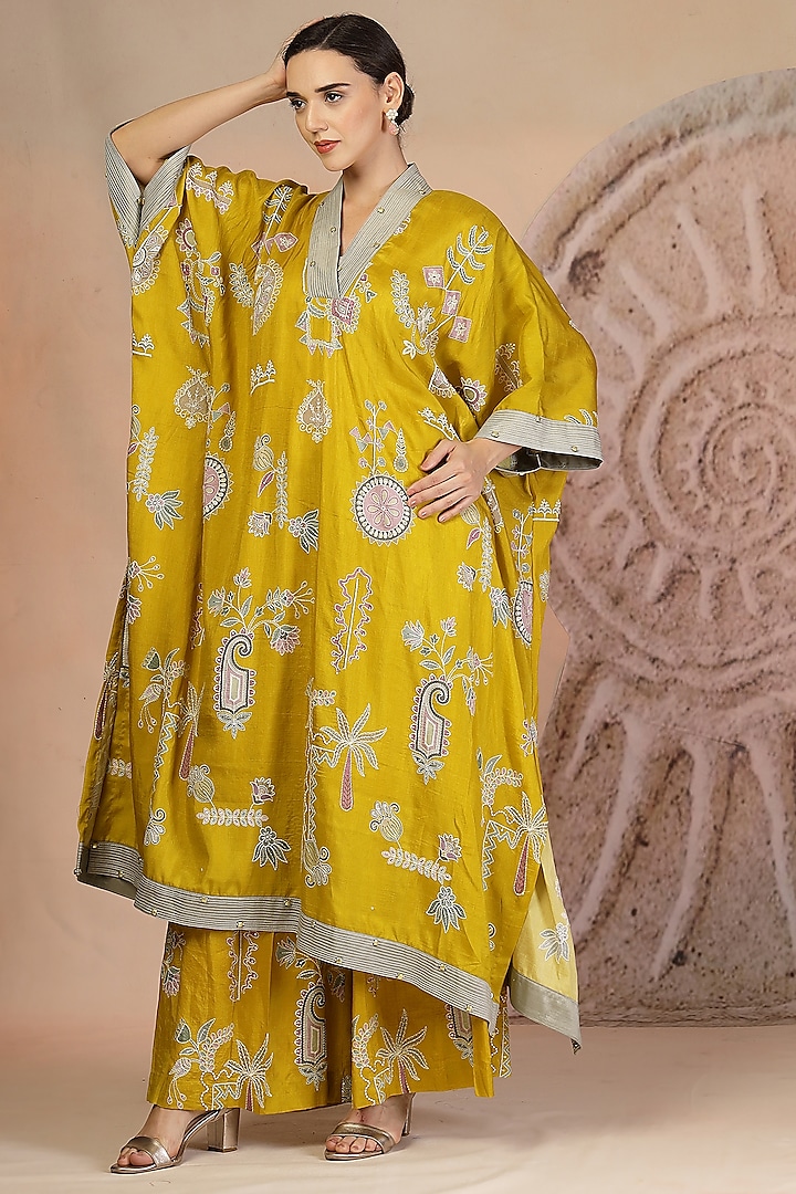 Mustard Yellow Soft Slub Cotton Patchwork Kaftan Set by Soniya G at Pernia's Pop Up Shop