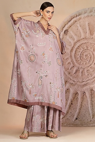 Mauve Soft Slub Cotton Patchwork Kaftan Set by Soniya G