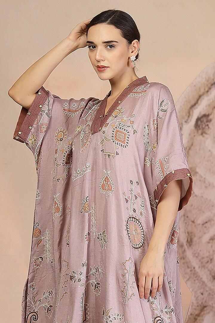 Mauve Soft Slub Cotton Patchwork Kaftan Set by Soniya G at Pernia's Pop Up Shop