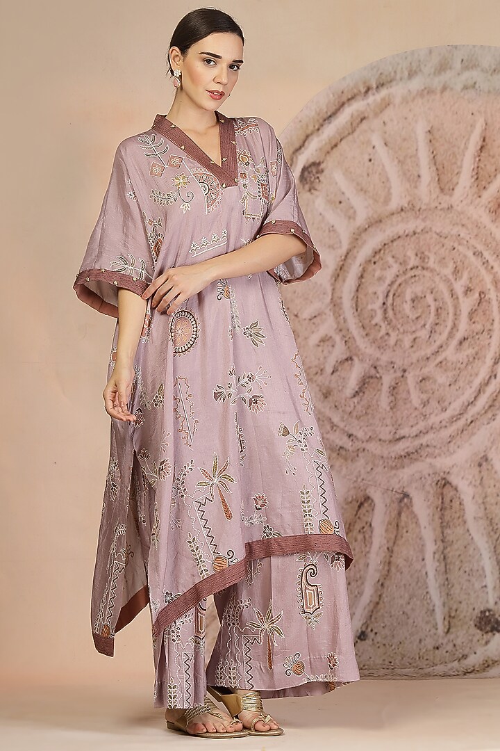 Mauve Soft Slub Cotton Patchwork Kaftan Set by Soniya G at Pernia's Pop Up Shop