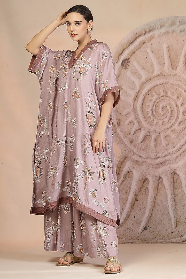 Mauve Soft Slub Cotton Patchwork Kaftan Set by Soniya G at Pernia's Pop Up Shop