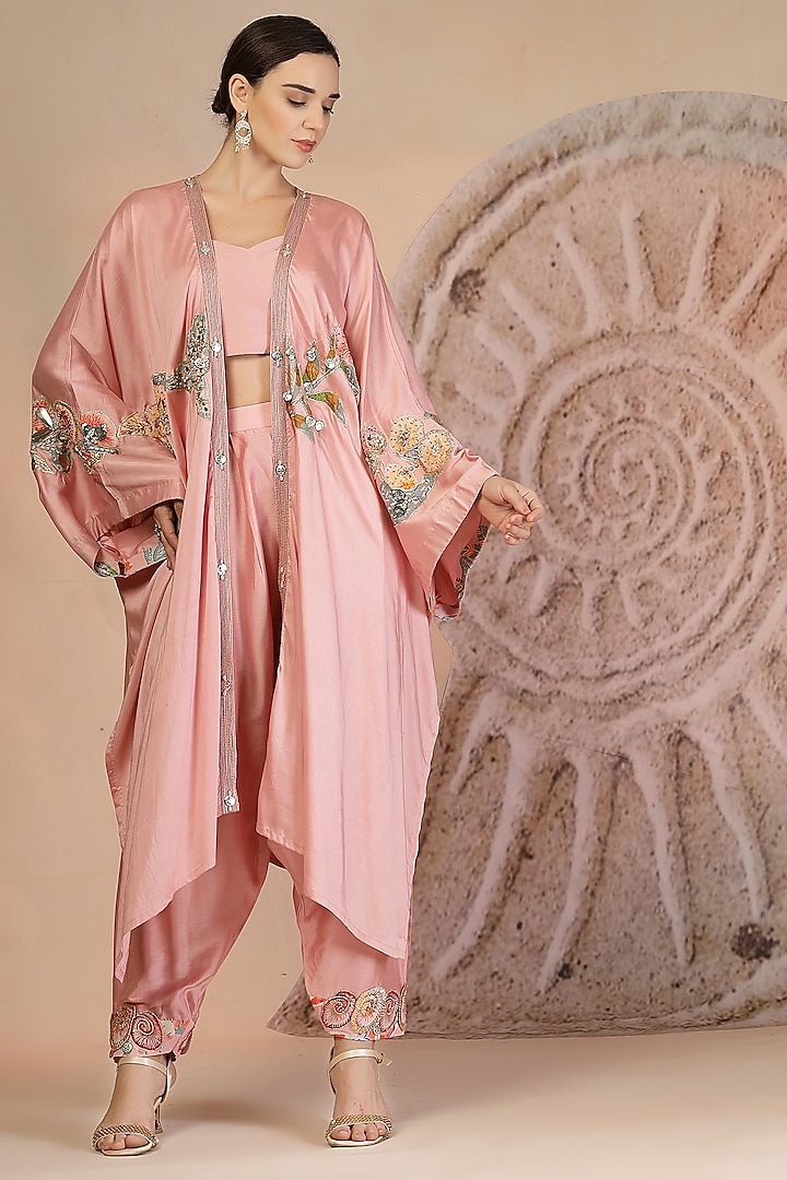 Powder Pink Muslin Silk Hand Embroidered Cape Set by Soniya G at Pernia's Pop Up Shop