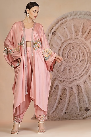 Powder Pink Muslin Silk Hand Embroidered Cape Set by Soniya G