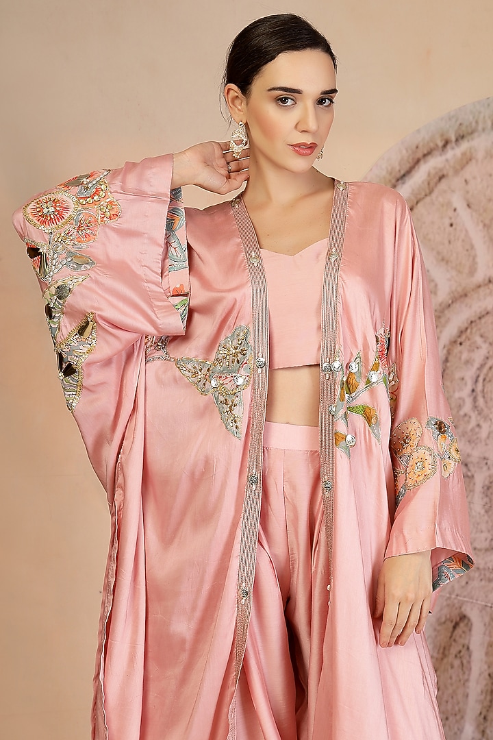Powder Pink Muslin Silk Hand Embroidered Cape Set by Soniya G at Pernia's Pop Up Shop
