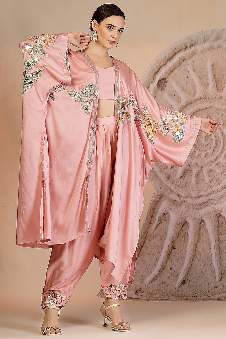 Powder Pink Muslin Silk Hand Embroidered Cape Set by Soniya G at Pernia's Pop Up Shop