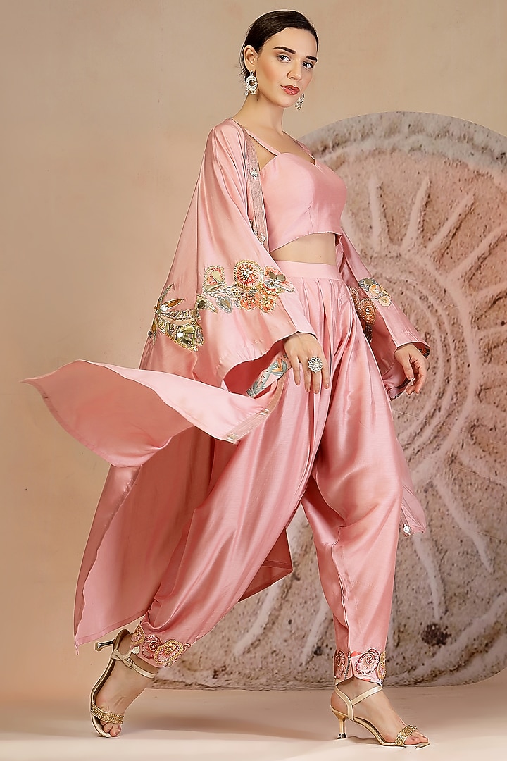 Powder Pink Muslin Silk Hand Embroidered Cape Set by Soniya G at Pernia's Pop Up Shop