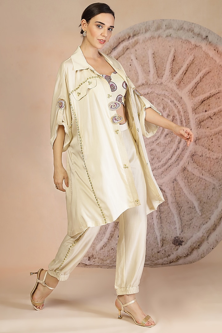 Ivory Muslin Silk Beadwork Jacket Set by Soniya G at Pernia's Pop Up Shop