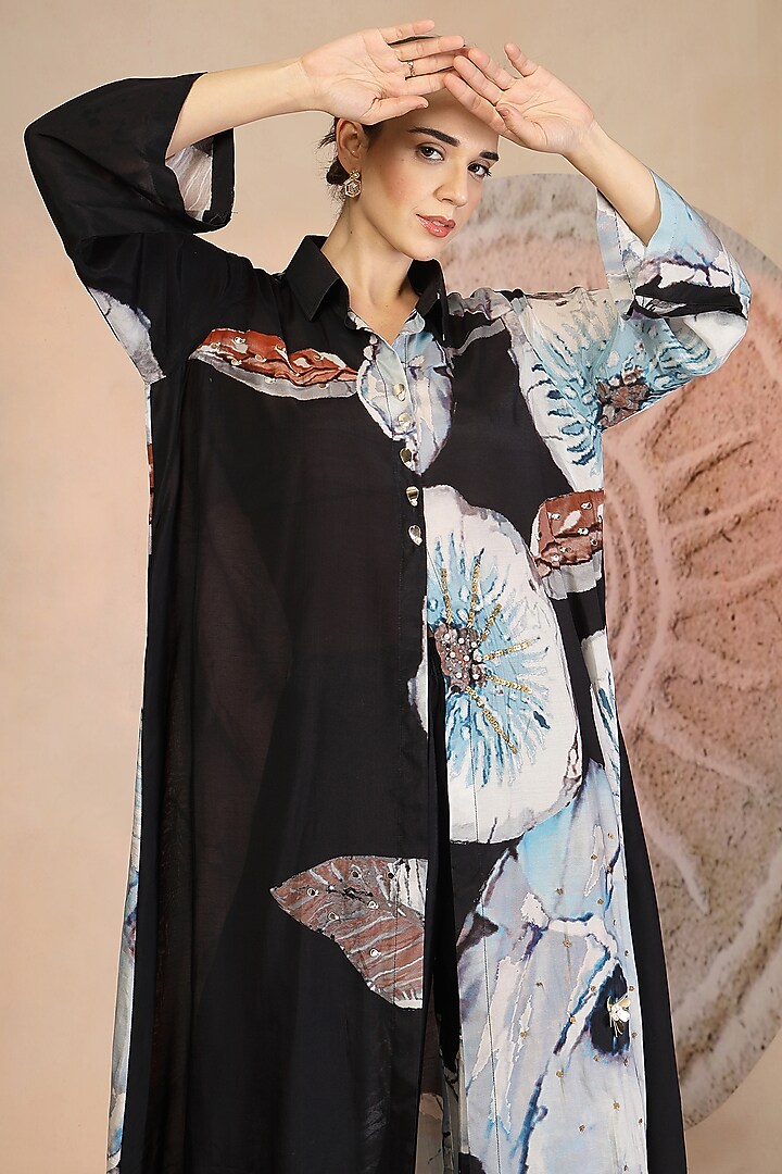 Charcoal Black Muslin Silk Embroidered Kurta Set by Soniya G at Pernia's Pop Up Shop